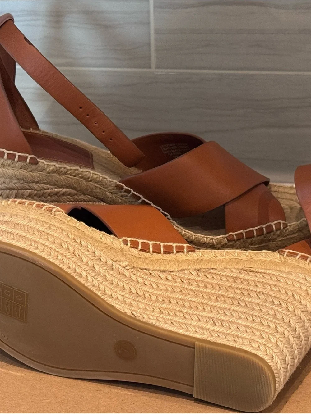 Tory Burch Tan Leather Espadrille Wedge Sandals